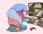  1boy 1girl after_vaginal anal artist_self-insert ass bent_over clothed_sex commentary controller cum cum_in_pussy cumdrip dark_persona dark_skin english_commentary faceless faceless_male fucked_silly game_controller gamepad grey_skin highres kneeling large_penis lube nyantcha penis pink_shirt pink_shorts pussy pussy_juice real_life shirt short_shorts shorts shorts_pull socks testicles tsona_(nyantcha) twitter twitter_(personification) uncensored 