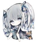  1girl bangs bare_arms bare_shoulders barefoot black_dress black_ribbon blue_eyes cape chibi closed_mouth cottontailtokki dress full_body granblue_fantasy green_cape green_headwear hair_between_eyes hair_ribbon hand_on_own_knee hat head_tilt knees_up long_hair looking_at_viewer mini_hat mini_top_hat queen_orchis ribbon shadowverse silver_hair simple_background sitting sleeveless sleeveless_dress solo stuffed_animal stuffed_cat stuffed_toy top_hat two_side_up white_background 