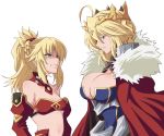  2girls ahoge artoria_pendragon_(all) artoria_pendragon_(lancer) bangs bare_shoulders blonde_hair braid breasts cleavage collarbone commentary_request crown detached_sleeves fate/grand_order fate_(series) french_braid fujitaka_nasu green_eyes hair_between_eyes hair_ornament hair_scrunchie large_breasts long_hair mordred_(fate) mordred_(fate)_(all) multiple_girls parted_bangs ponytail red_scrunchie red_sleeves scrunchie sidelocks simple_background small_breasts white_background 