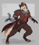  anthro black_nose brown_body brown_fur canid canine canis clothed clothing cowboy coyote fur hat headgear headwear jeanx male mammal pawpads paws scarf simple_background smile teeth white_body white_fur 