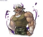  accessory anthro belt biceps bovid bovine cattle clothed clothing fur hair headband hi_res horn male mammal muscular muscular_male pecs shennong shirt solo tokyo_afterschool_summoners topwear video_games wolfmalro 