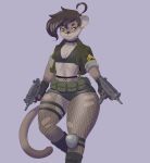  2020 breasts clothed clothing collarbone euplerid female fingerless_gloves footwear fossa fur gloves green_clothing green_jacket gun hair handwear hi_res holding_gun holding_object holding_weapon mammal mr-shin ranged_weapon round_ears simple_background solo submachine_gun uzi weapon 