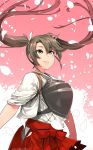  1girl brown_hair commentary_request cowboy_shot hair_ribbon hakama hakama_skirt happa_(cloverppd) highres japanese_clothes kantai_collection long_hair muneate petals red_hakama ribbon smile solo tasuki twintails white_ribbon wind wind_lift yellow_eyes zuikaku_(kantai_collection) 