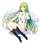  1boy absurdres androgynous bangs black_legwear black_neckwear closed_mouth collarbone crossdressing dress ede enkidu_(fate/strange_fake) eyebrows_visible_through_hair fate/strange_fake fate_(series) floating_hair green_eyes green_hair highres kneehighs long_hair otoko_no_ko sailor_collar sailor_dress shiny shiny_hair short_dress short_sleeves smile solo straight_hair twitter_username very_long_hair white_dress white_sailor_collar 