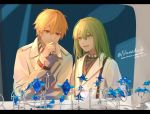  1boy 1other alternate_costume androgynous arm_up artist_name bangs blonde_hair closed_mouth coat collar dated ear_piercing earrings enkidu_(fate/strange_fake) eyebrows_visible_through_hair fate/grand_order fate_(series) gilgamesh green_eyes green_hair grey_coat hair_between_eyes indoors jewelry long_hair long_sleeves looking_at_another looking_down nanako_(user_zcmj5835) necklace neckwear open_mouth otoko_no_ko piercing red_eyes ring standing twitter_username 