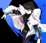  1boy arm_belt belt belt_buckle blue_eyes brown_hair buckle closed_mouth coat duel_disk hair_between_eyes kaiba_seto male_focus simple_background solo syaber_syaber white_coat yuu-gi-ou 