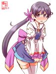  1girl akebono_(kantai_collection) apron artist_logo blue_skirt character_request commentary_request cosplay cowboy_shot dated embarrassed flower flower_knight_girl frilled_apron frills hair_flower hair_ornament highres kanon_(kurogane_knights) kantai_collection long_hair look-alike looking_at_viewer purple_eyes purple_hair shirt side_ponytail simple_background skirt solo thighhighs very_long_hair white_apron white_background white_legwear white_shirt 