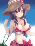  1girl absurdres bikini black_hair breasts cleavage cloud cloudy_sky collarbone commentary_request eyebrows_visible_through_hair food fruit hair_between_eyes hat highres hirune_(konekonelkk) long_hair looking_at_viewer medium_breasts red_bikini red_eyes ryuuhou_(kantai_collection) sarong sky solo swimsuit taigei_(kantai_collection) twintails watermelon 