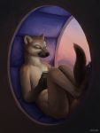  2020 3:4 ambiguous_gender american_marten american_pine_marten anthro black_nose claws cup difetra digitigrade eyes_closed fur hi_res holding_cup holding_object inner_ear_fluff mammal marten morning mustelid musteline nude reclining smile tail_between_legs tan_body tan_fur toe_claws tuft whiskers 