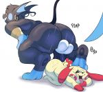  ambiguous_gender anal anthro balls bodily_fluids butt duo eroborus foot_focus foot_on_head genitals male nintendo nude penis plusle pok&eacute;mon pok&eacute;mon_(species) raichu size_difference soles soza sweat video_games 