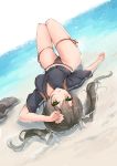  1girl bangs beach black_panties breasts day green_eyes green_hair hair_ribbon japanese_clothes k_jie kantai_collection long_hair lying medium_breasts on_back outdoors panties ribbon sand solo tasuki thigh_ribbon twintails underwear water zuikaku_(kantai_collection) 