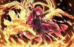  1girl absurdres ahoge bodysuit coat covered_navel flat_chest highres jewelry katana long_hair looking_at_viewer open_mouth pendant red_eyes red_hair shakugan_no_shana shana shiny shiny_clothes skin_tight sleeveless solo sword taimanin_suit th-asary800 weapon 