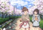  2girls :d backpack bag bare_shoulders black_hair black_shorts blue_eyes blue_hoodie blue_sky blush bridge brown_hair brown_shirt building cherry_blossoms clothes_around_waist cloud cloudy_sky collarbone commentary_request crepe cup day disposable_cup drawstring drinking_straw food grey_eyes hair_ornament hairclip high_ponytail holding holding_cup holding_food hood hood_down hoodie jacket jacket_around_waist lamppost miko_fly multiple_girls open_mouth original outdoors park petals plaid_jacket pleated_skirt ponytail red_jacket river shirt short_shorts shorts shoulder_bag skirt sky skyscraper smile standing tree upper_teeth white_skirt 