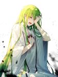  1boy absurdres androgynous blood bloody_clothes blurry_foreground closed_eyes collarbone crying dress ede enkidu_(fate/strange_fake) fate/strange_fake fate_(series) green_hair highres long_hair open_mouth otoko_no_ko simple_background sitting solo straight_hair tears very_long_hair white_background white_dress wide_sleeves 