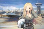  1girl adjusting_hair aircraft airplane bangs black_bra blonde_hair blue_eyes blue_sky bra breasts building cleavage commentary_request condensation_trail dog_tags eyebrows_visible_through_hair fighter_jet ground_vehicle hangar harness helmet highres holding holding_helmet jet lace lace_bra large_breasts liu_lan long_hair looking_at_viewer military military_base military_uniform military_vehicle motor_vehicle open_mouth original outdoors parted_bangs pilot pilot_helmet pilot_suit runway satellite_dish sky soldier standing su-30 truck underwear uniform 
