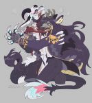  5_fingers antlers blood bodily_fluids cannibalism claws clothed clothing digital_media_(artwork) duo fingers fur gore hair horn long_tail male murkbone smile standing teeth 