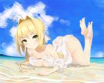  1girl ahoge arched_back ass bangs bare_shoulders barefoot beach blonde_hair blue_sky blush braid breasts cleavage closed_mouth collarbone dress fate/grand_order fate_(series) feet_up french_braid gown green_eyes hair_between_eyes hair_bun hair_intakes hair_ribbon large_breasts legs long_hair looking_at_viewer lying nero_claudius_(fate)_(all) nero_claudius_(swimsuit_caster)_(fate) ocean on_stomach ribbon sky smile soles solo suryua toes white_ribbon 