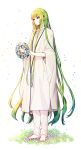  1other bangs barefoot closed_mouth ede enkidu_(fate/strange_fake) eyebrows_visible_through_hair fate/grand_order fate/strange_fake fate_(series) flower from_side full_body grass green_eyes green_hair highres holding long_hair looking_to_the_side otoko_no_ko pants robe sidelocks simple_background smile solo standing very_long_hair white_background white_pants wide_sleeves 