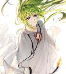  1other androgynous artist_name bangs blood bloody_clothes collarbone ede enkidu_(fate/strange_fake) eyebrows_visible_through_hair fate/grand_order fate_(series) floating_hair from_above green_hair hair_between_eyes highres jewelry lips long_hair long_sleeves looking_up necklace neckwear otoko_no_ko purple_eyes robe simple_background smile solo standing torn_clothes torn_robe twitter_username very_long_hair white_background white_robe wide_sleeves 