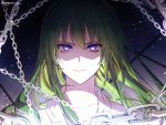  1other artist_name bangs chain close-up closed_mouth collarbone dark_background ede enkidu_(fate/strange_fake) eyebrows_visible_through_hair fate/grand_order fate_(series) green_hair hair_between_eyes highres light long_hair looking_at_viewer otoko_no_ko purple_hair robe shaded_face shadow simple_background smile twitter_username 