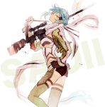  1girl aqua_hair bangs black_gloves blue_hair breasts closed_mouth fingerless_gloves floating from_side gloves green_legwear grey_eyes grey_scarf gun hair_ornament hairclip hand_on_hip holding holding_gun holding_weapon looking_at_viewer pgm_hecate_ii rifle scarf scope short_hair short_shorts shorts sidelocks simple_background sinon sniper_rifle solo standing sword_art_online weapon white_background yubari 