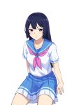  1girl absurdres black_hair blue_sailor_collar blue_skirt blush closed_mouth collarbone cowboy_shot erezu expressionless hibike!_euphonium highres kitauji_high_school_uniform kousaka_reina long_hair looking_at_viewer neckerchief pink_neckwear pleated_skirt purple_eyes sailor_collar school_uniform serafuku shirt short_sleeves simple_background skirt solo white_background white_shirt 