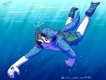  2018 4:3 air_bubble aliothfox anthro blue_body blue_ears blue_fur blue_tail clothed clothing fur island_(character) lutrine male mammal mustelid signature snorkel solo swimming swimming_pool text underwater url water white_body white_fur 