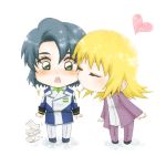  1boy 1girl athrun_zala blonde_hair blue_hair blush cagalli_yula_athha chibi closed_eyes couple dropping green_eyes gundam gundam_seed gundam_seed_destiny heart military military_uniform purupurudog9 surprised uniform 