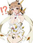  !? 1girl breasts covering covering_crotch embarrassed gauntlets headgear kuro_mushi large_breasts looking_at_viewer navel orange_eyes revealing_clothes scar scarf senki_zesshou_symphogear shiny shiny_hair shiny_skin short_hair simple_background solo standing surprised sweat tachibana_hibiki_(symphogear) white_background 