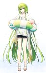  1other absurdres alternate_costume bangs black_shorts collarbone ede enkidu_(fate/strange_fake) eyebrows_visible_through_hair fate/grand_order fate_(series) full_body green_eyes green_hair hair_between_eyes hair_ornament highres holding hood hood_down hoodie innertube long_hair long_sleeves looking_at_viewer open_mouth otoko_no_ko sandals short_shorts shorts simple_background smile solo standing star teeth very_long_hair white_background white_hoodie 