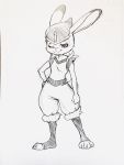  2020 3:4 clothed clothing cosplay disney dogear218 fully_clothed fur hi_res judy_hopps lagomorph leporid mammal monochrome one_eye_closed rabbit simple_background sketch smile standing white_background zootopia 