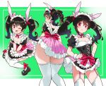  1girl :o ;d alternate_costume black_footwear black_hair breasts commentary_request enmaided from_behind garter_straps green_background hair_ribbon hands_on_hips kurokawa_makoto long_hair looking_at_viewer love_live! love_live!_school_idol_project maid multiple_views one_eye_closed open_mouth puffy_short_sleeves puffy_sleeves red_eyes ribbon sash shoes short_sleeves sitting small_breasts smile thighhighs twintails two-tone_background v_arms white_legwear wrist_cuffs yazawa_nico 