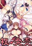  5girls :d bangs black_hair blonde_hair blue_bra blue_eyes blush bra breasts breasts_apart brown_eyes brown_hair bun_cover check_translation closed_eyes closed_mouth collarbone convenient_censoring double_bun frilled_bra frills hairband hands_on_own_chest heroine_wa_tomodachi_desu_ka?_koibito_desu_ka?_soretomo_tomefure_desu_ka? highres hinamori_sakurako huge_breasts ichinose_sayaka_(tomefure) kashiwaba_shiina kirisaki_rin large_breasts long_hair looking_at_viewer lying minagawa_aimi multiple_girls official_art on_back open_mouth parted_lips pink_hair purple_eyes satofuji_masato short_sleeves smile thigh_strap translation_request twintails unbuttoned unbuttoned_shirt underboob underwear very_long_hair yellow_eyes 