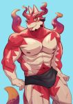  abs absurd_res anthro black_clothing black_underwear blue_background blush clothed clothing cthugha_(tas) dragon hi_res male muscular muscular_male nipples pecs purple_eyes rabbitdx26 red_body scalie simple_background solo tentacles tokyo_afterschool_summoners tongue tongue_out topless underwear video_games 