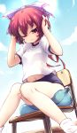  1girl alternate_costume balloon bare_legs bow buruma chair closed_mouth commentary_request covering_ears day gym_uniform hair_bow isu_(is88) one_eye_closed purple_bow red_eyes red_hair sekibanki shirt short_hair short_sleeves simple_background sitting socks solo sweat touhou white_shirt 