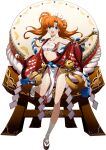  1girl :d bare_legs blue_eyes breasts chest_sarashi collarbone floating_hair full_body hair_intakes highres holding langrisser langrisser_iii long_hair looking_at_viewer midriff navel official_art orange_hair sarashi shiny shiny_hair shiny_skin small_breasts smile solo standing standing_on_one_leg stomach tabi tiaris_(langrisser) transparent_background twintails white_legwear 