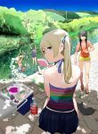  4girls back bare_shoulders blonde_hair blouse blue_eyes bottle chewing chito_(flying_witch) cooler cork ears eyebrows flask flying_witch food hair_ribbon halterneck highres ishizuka_chihiro kenny_(flying_witch) kowata_akane kowata_makoto kuramoto_chinatsu landscape long_hair looking_at_viewer miniskirt multiple_girls outdoors pleated_skirt popsicle potion rainbow_order ribbon river riverbank round-bottom_flask shiina_anzu_(flying_witch) shoulder_blades sitting skirt solo_focus summer test_tube twintails vial water_bottle 