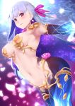  1girl armor armpits bangs bikini_armor blush breasts breasts_apart circlet collar earrings fate/grand_order fate_(series) flower hair_ribbon highres jewelry jilu kama_(fate/grand_order) large_breasts long_hair looking_at_viewer lotus metal_collar navel petals red_eyes ribbon silver_hair solo space sparkle star_(sky) thighlet thighs 