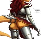  alpha_channel anearbyanimal anthro anus armor bottomwear butt butt_grab cape clothing clothing_lift dragon dragonborn english_text female genitals hair hammer hand_on_butt hi_res long_hair no_underwear orange_body phyfyrie_kiln pussy red_hair skirt skirt_lift solo speech_bubble teasing text tools warhammer weapon 