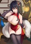  1girl arm_support azur_lane bangs bare_shoulders bird black_hair breasts bridal_gauntlets china_dress chinese_clothes cleavage_cutout commentary crossed_bangs cutout_above_navel dress feather_boa fishnet_legwear fishnets from_above highres large_breasts loading_(vkjim0610) long_hair looking_at_viewer on_table peacock peacock_feathers pelvic_curtain red_dress red_eyes saliva saliva_trail skindentation solo table taihou_(azur_lane) taihou_(phoenix&#039;s_spring_song)_(azur_lane) thighs tongue tongue_out very_long_hair 