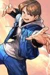  1boy blue_jacket blue_pants brown_eyes brown_hair cowboy_shot dutch_angle grey_hoodie hankuri hood hood_down hoodie jacket legs_apart long_sleeves looking_at_viewer male_focus open_clothes open_jacket open_mouth pants sie_kensou smile solo the_king_of_fighters 