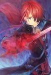  1boy adol_christin black_coat coat floating_hair grey_neckwear holding holding_sword holding_weapon kanna_(kanl0o0l) long_hair looking_at_viewer male_focus ponytail red_hair solo standing sword weapon ys_ix_monstrum_nox 