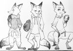  2020 barefoot canid canine clothed clothing disney fox fully_clothed halu3xyz hat headgear headwear hi_res holding_cup holding_object hoodie male mammal monochrome multiple_poses nick_wilde open_mouth open_smile pose red_fox sitting smile solo standing topwear zootopia 