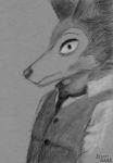  2019 anthro beastars black_eyes blush button_(fastener) canid canine canis charcoal_(artwork) close-up clothed clothing eyebrows greyscale hi_res legoshi_(beastars) looking_at_viewer male mammal monochrome necktie portrait raised_eyebrow sejantlamb shirt side_view snout solo topwear traditional_media_(artwork) vest wolf 