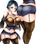  absurdres adapted_costume alternate_hair_length alternate_hairstyle ass blue_eyes blue_hair breasts byleth_(fire_emblem) byleth_(fire_emblem)_(female) corset fire_emblem fire_emblem:_three_houses garter_straps highres huge_breasts navel patterned_clothing short_hair short_shorts shorts tagme tea_texiamato thighhighs 