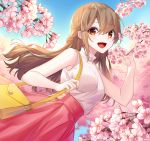  1girl :d bag bangs braid brown_eyes brown_hair cherry_blossoms commentary_request eyebrows_visible_through_hair hanami handbag highres long_hair nail_polish open_mouth original red_skirt ribbed_shirt rukinya_(nyanko_mogumogu) shirt sidelocks skirt sleeveless smile spring_(season) upper_teeth white_shirt 