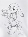  2020 3:4 anthro cheek_tuft clothed clothing cup disney dogear218 facial_tuft female fully_clothed fur hi_res holding_object judy_hopps lagomorph leporid mammal midriff monochrome rabbit simple_background sketch smile solo tuft white_background zootopia 