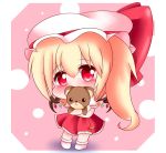  1girl ankle_socks blonde_hair blush chibi covering_mouth eyebrows_visible_through_hair flandre_scarlet hair_between_eyes hat hat_ribbon head_tilt looking_at_viewer mob_cap object_hug one_side_up petticoat pink_background polka_dot polka_dot_background puffy_short_sleeves puffy_sleeves red_eyes red_skirt red_vest ribbon short_hair short_sleeves skirt skirt_set solo standing stuffed_animal stuffed_toy symbol_commentary teddy_bear touhou vest white_headwear white_legwear wings yairenko 