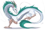  2020 asian_mythology digital_media_(artwork) dragon east_asian_mythology eastern_dragon feral flashw ghibli green_eyes green_hair hair haku_(spirited_away) horn male mythology solo spirited_away 