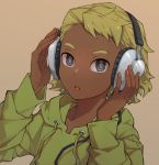  1girl beige_background blonde_hair blue_eyes doumeki_parker eizouken_ni_wa_te_wo_dasu_na! green_hoodie headphones hood hoodie looking_at_viewer shiro_yubara short_hair simple_background solo 